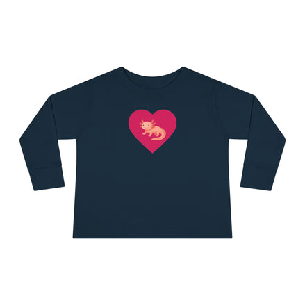Navy blue long-sleeve shirt with a pink heart and graphic on a white background