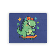 Jigsaw puzzle with a cartoon dinosaur on a skateboard design on a blue background
