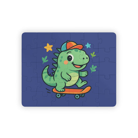 Jigsaw puzzle with a cartoon dinosaur on a skateboard design on a blue background