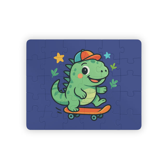 Jigsaw puzzle with a cartoon dinosaur on a skateboard design on a blue background