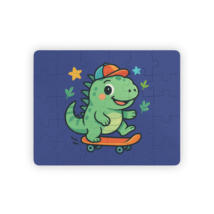 Jigsaw puzzle with a cartoon dinosaur on a skateboard design on a blue background