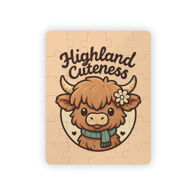 Jigsaw puzzle with a cartoon highland cow and 'Highland Cuteness' text on a beige background