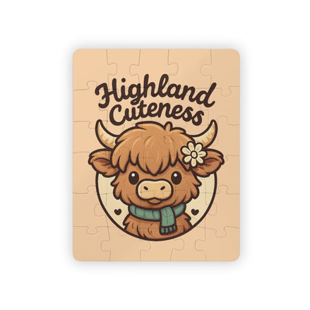 Jigsaw puzzle with a cartoon highland cow and 'Highland Cuteness' text on a beige background