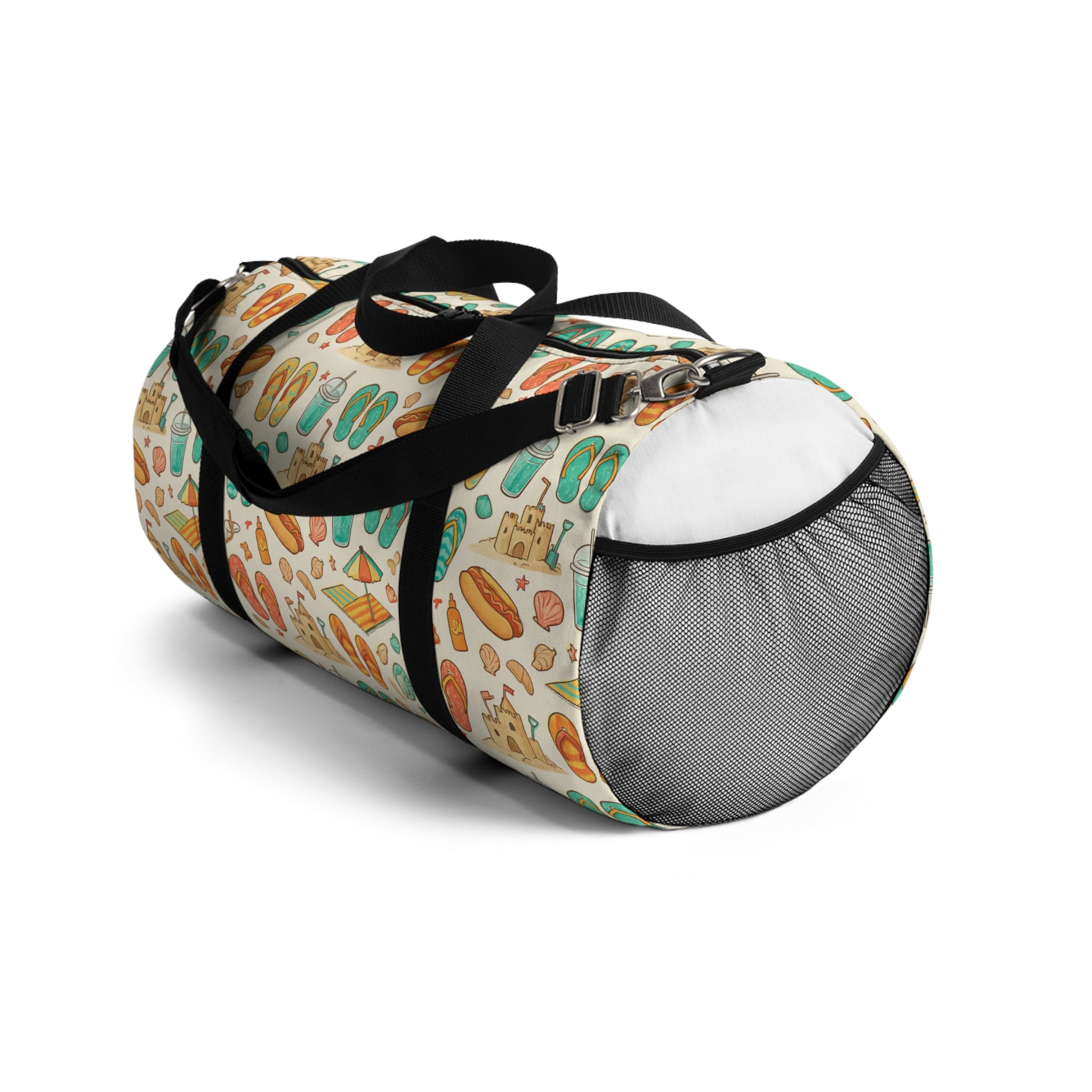 Duffel bag with colorful pattern on a white background