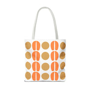 Tote bag with orange and brown abstract pattern on a white background