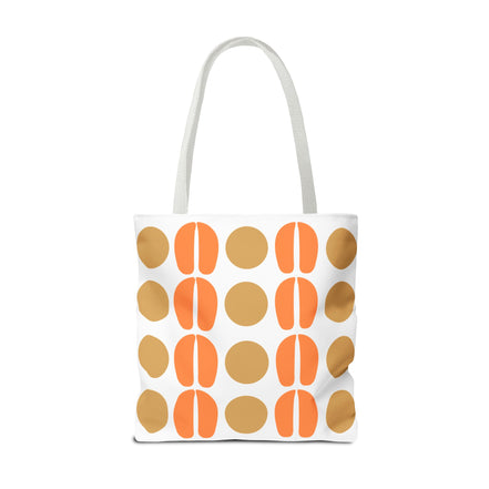 Tote bag with orange and brown abstract pattern on a white background