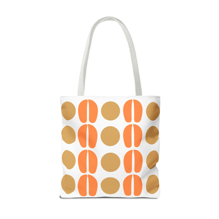 Tote bag with orange and brown abstract pattern on a white background