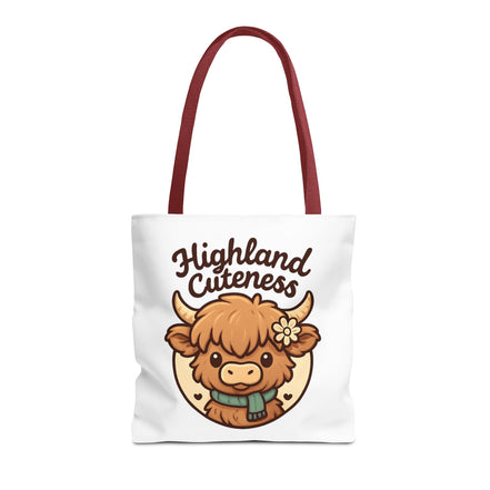 Tote bag with a cartoon highland cow and 'Highland Cuteness' text on a white background
