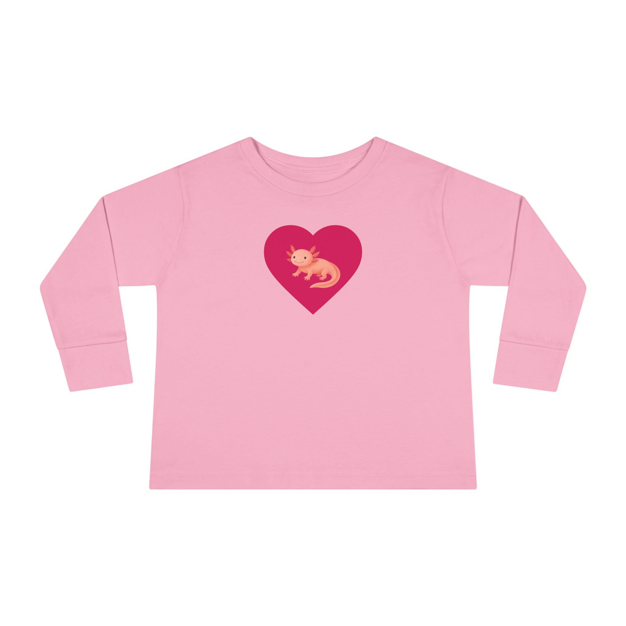 Pink long-sleeve shirt with a red heart and yellow character on a white background