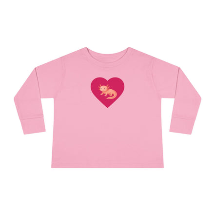 Pink long-sleeve shirt with a red heart and yellow character on a white background