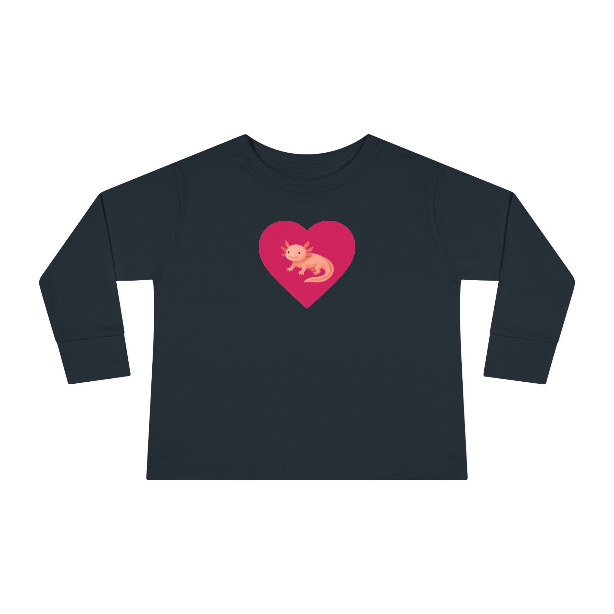 Black long-sleeve shirt with a pink heart and graphic on a white background