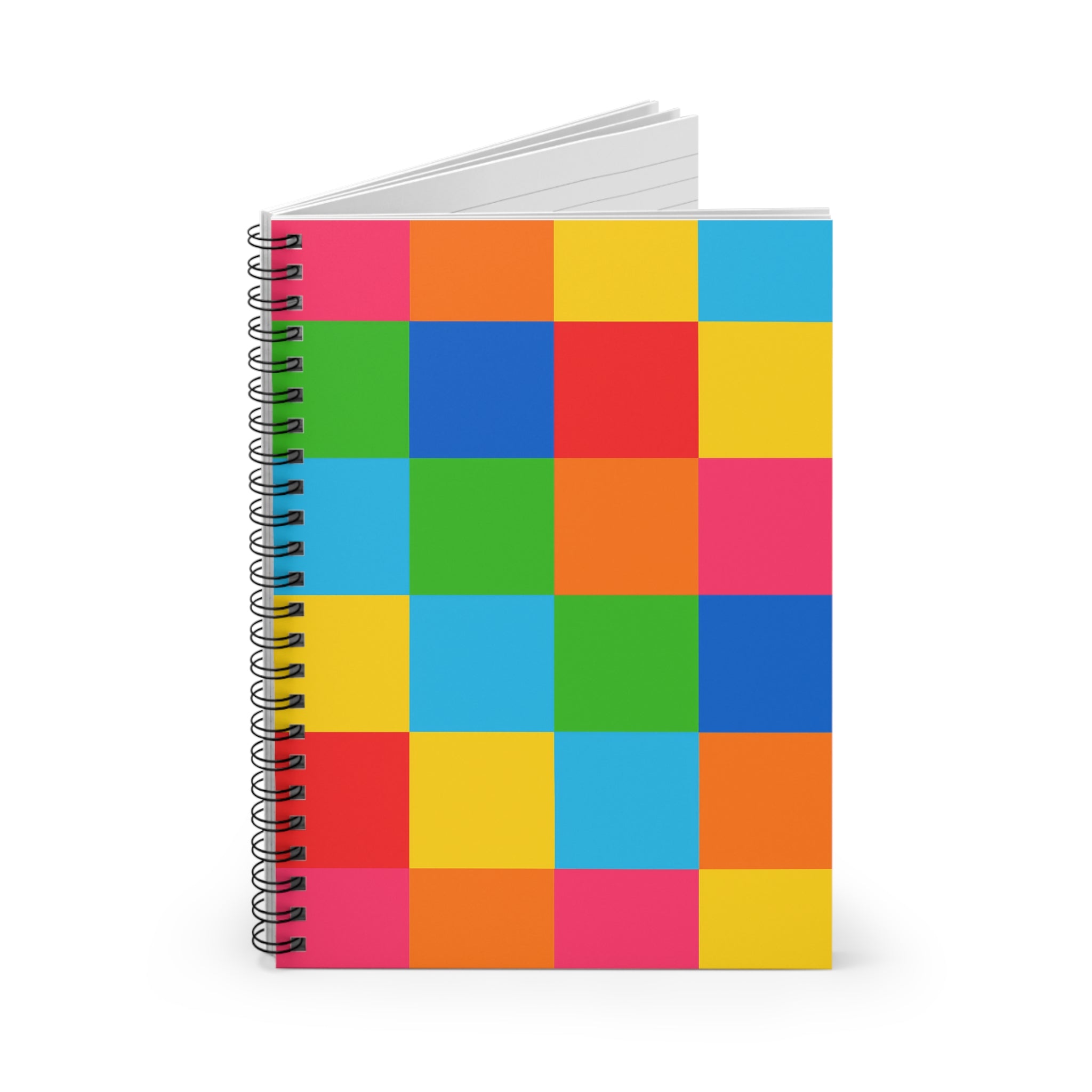 Notebook with a colorful checkered design on a white background