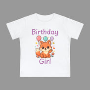 White t-shirt with a fox graphic and 'Birthday Girl' text on a white background