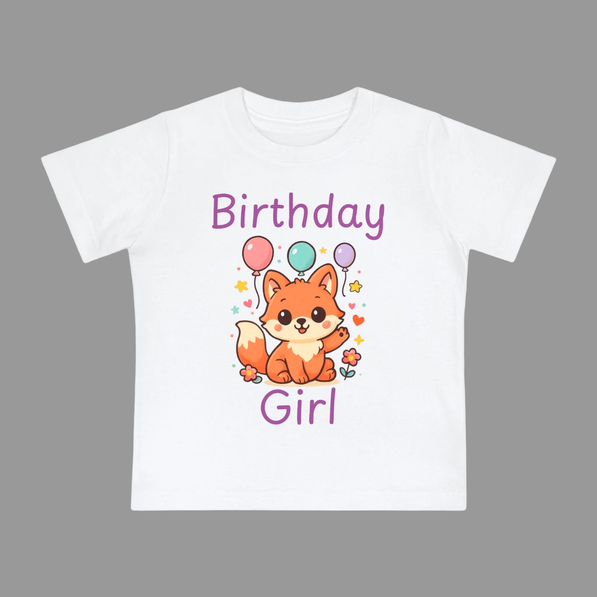White t-shirt with a fox graphic and 'Birthday Girl' text on a white background