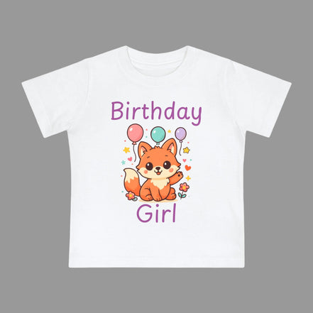 White t-shirt with a fox graphic and 'Birthday Girl' text on a white background