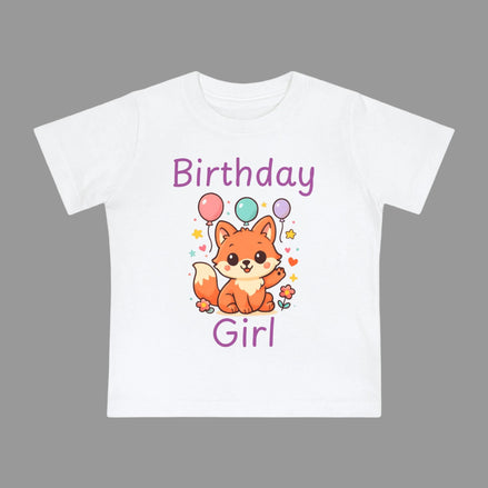 White t-shirt with a fox graphic and 'Birthday Girl' text on a white background