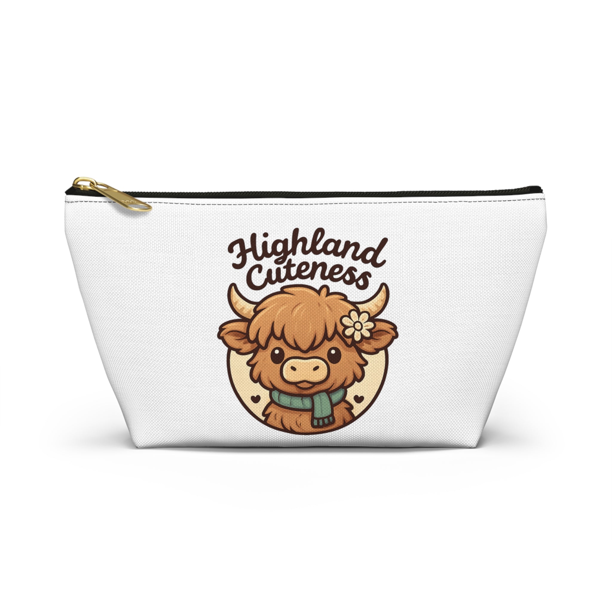 White pouch with a cartoon highland cow and 'Highland Cuteness' text on a white background