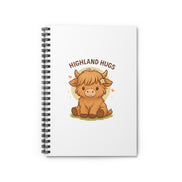 Notebook with a cartoon highland cow and 'Highland Hugs' text on a white background