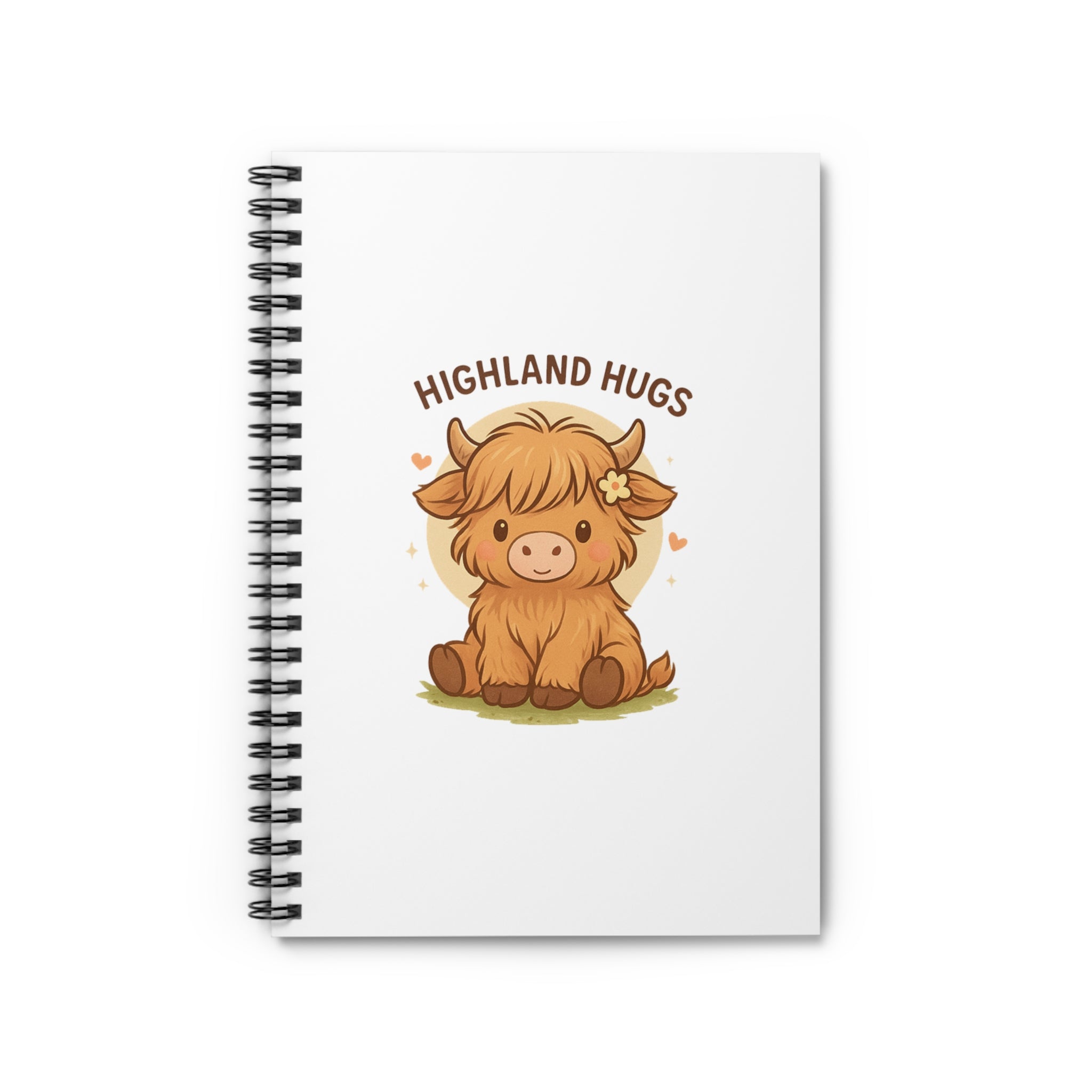 Notebook with a cartoon highland cow and 'Highland Hugs' text on a white background