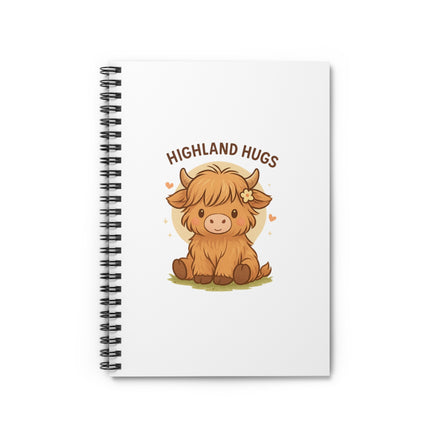 Notebook with a cartoon highland cow and 'Highland Hugs' text on a white background