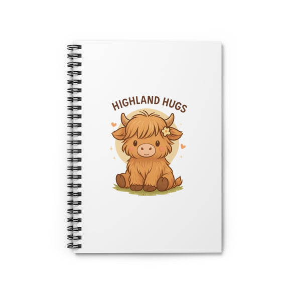 Notebook with a cartoon highland cow and 'Highland Hugs' text on a white background