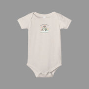 Beige baby onesie with a cartoon penguin design on a white background