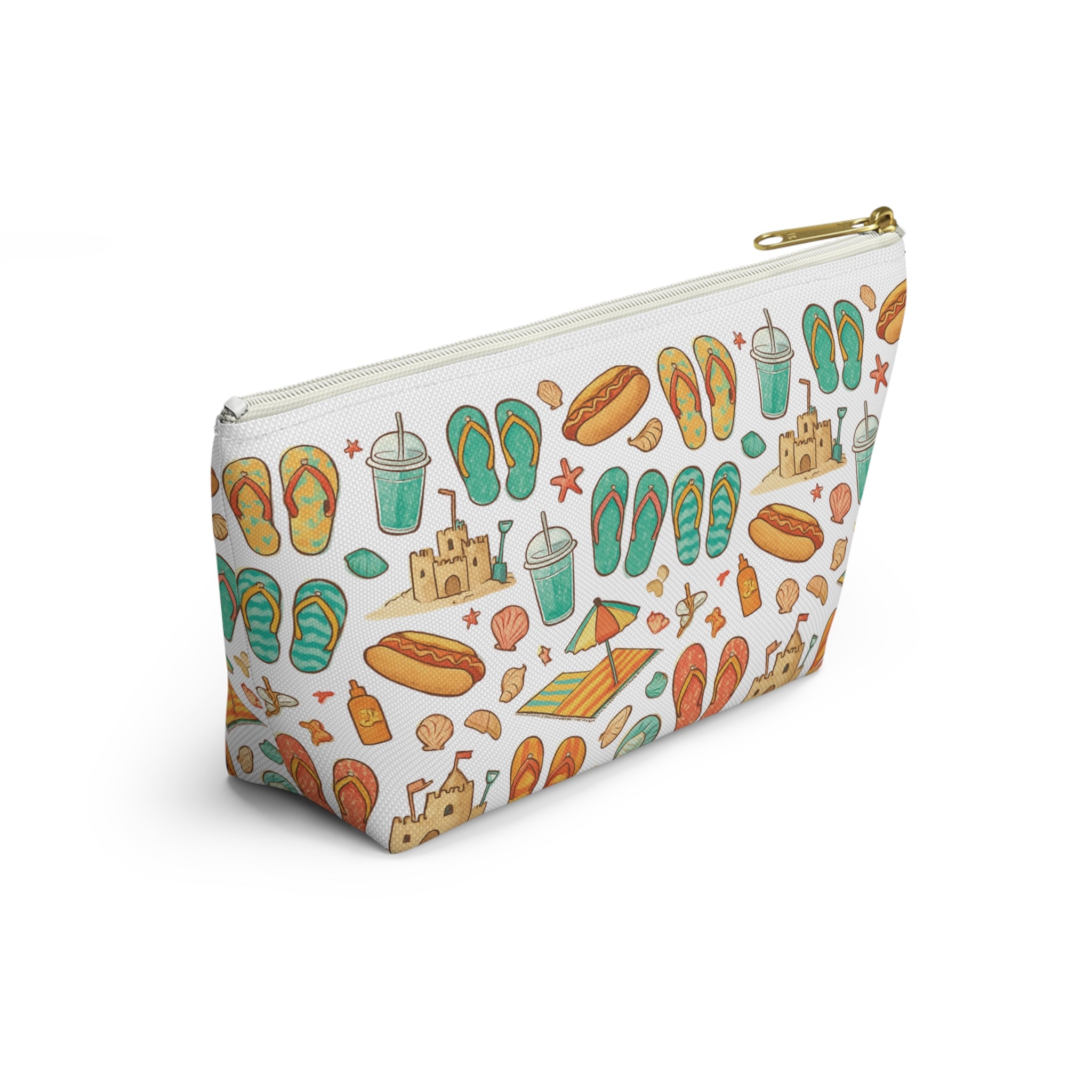 Pouch with beach-themed design featuring flip-flops, sandcastles, and drinks on a white background