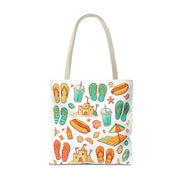 Tote bag with beach-themed design featuring flip-flops, sandcastles, and other summer elements on a white background.