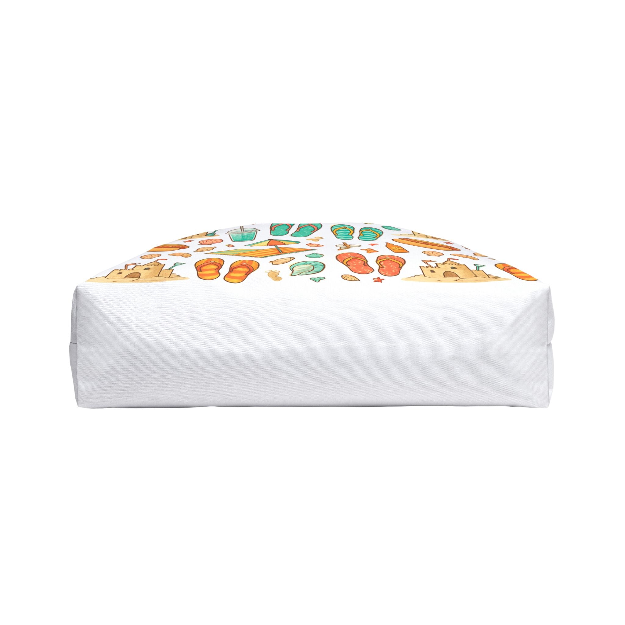 White rectangular cushion with colorful footprints on a white background