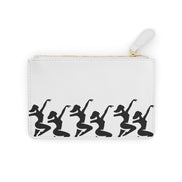 White pouch with black silhouette designs of dancers on a white background