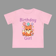 Pink t-shirt with a fox graphic and 'Birthday Girl' text on a white background