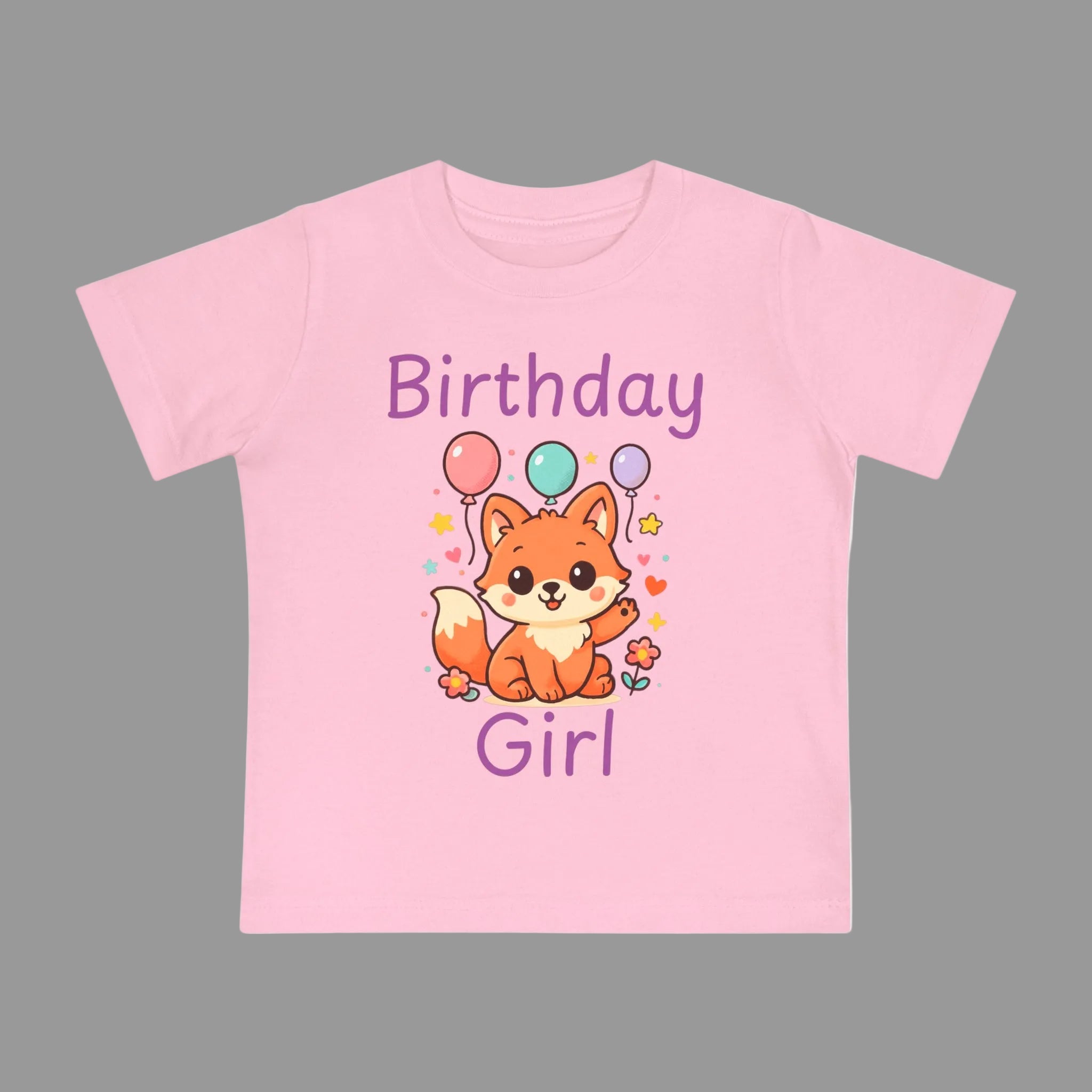 Pink t-shirt with a fox graphic and 'Birthday Girl' text on a white background