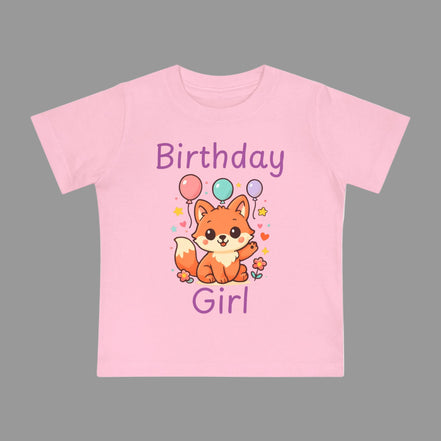 Pink t-shirt with a fox graphic and 'Birthday Girl' text on a white background