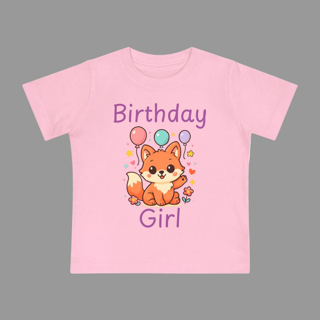 Pink t-shirt with a fox graphic and 'Birthday Girl' text on a white background