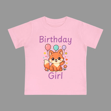Pink t-shirt with a fox graphic and 'Birthday Girl' text on a white background