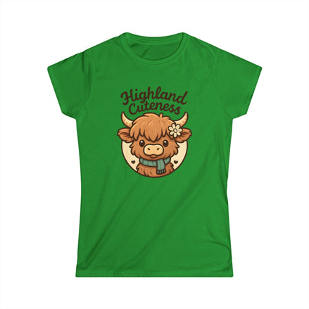 Green t-shirt with a cartoon Highland cow and 'Highland Cuteness' text on a white background