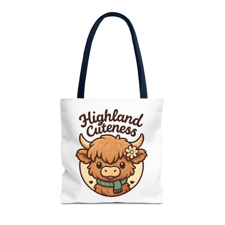 Tote bag with a cartoon highland cow and 'Highland Cuteness' text on a white background