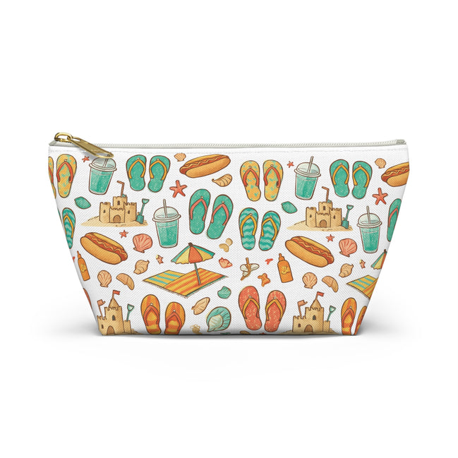 Pouch with beach-themed design featuring flip-flops, sandcastles, and drinks on a white background