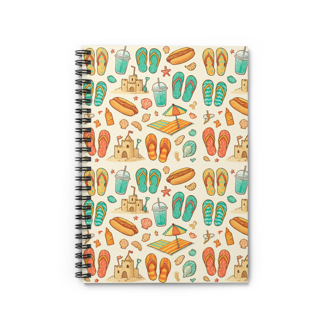 Notebook with beach-themed design featuring flip-flops, sandcastles, and umbrellas on a white background.