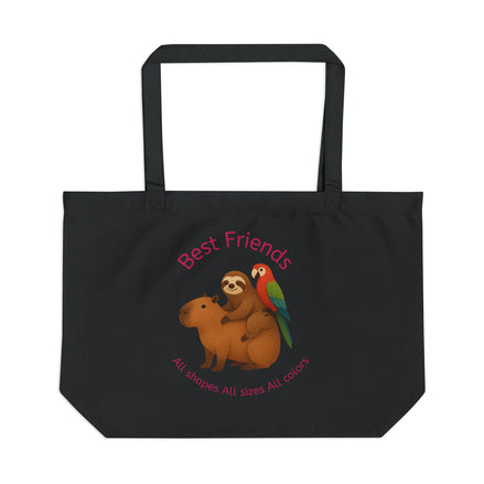 Black tote bag with a design of a sloth and a parrot hugging, with text 'Best Friends All shapes All sizes All colors' on a white background.