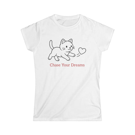 White t-shirt with a cat graphic and 'Chase Your Dreams' text on a white background