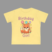 Yellow t-shirt with a fox graphic and 'Birthday Girl' text on a white background
