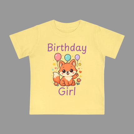 Yellow t-shirt with a fox graphic and 'Birthday Girl' text on a white background