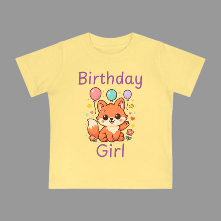 Yellow t-shirt with a fox graphic and 'Birthday Girl' text on a white background