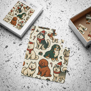 Holiday puppies 30-piece kids puzzle Christmas dog jigsaw for toddlers and preschoolers. Puzzle with dog illustrations on a speckled surface