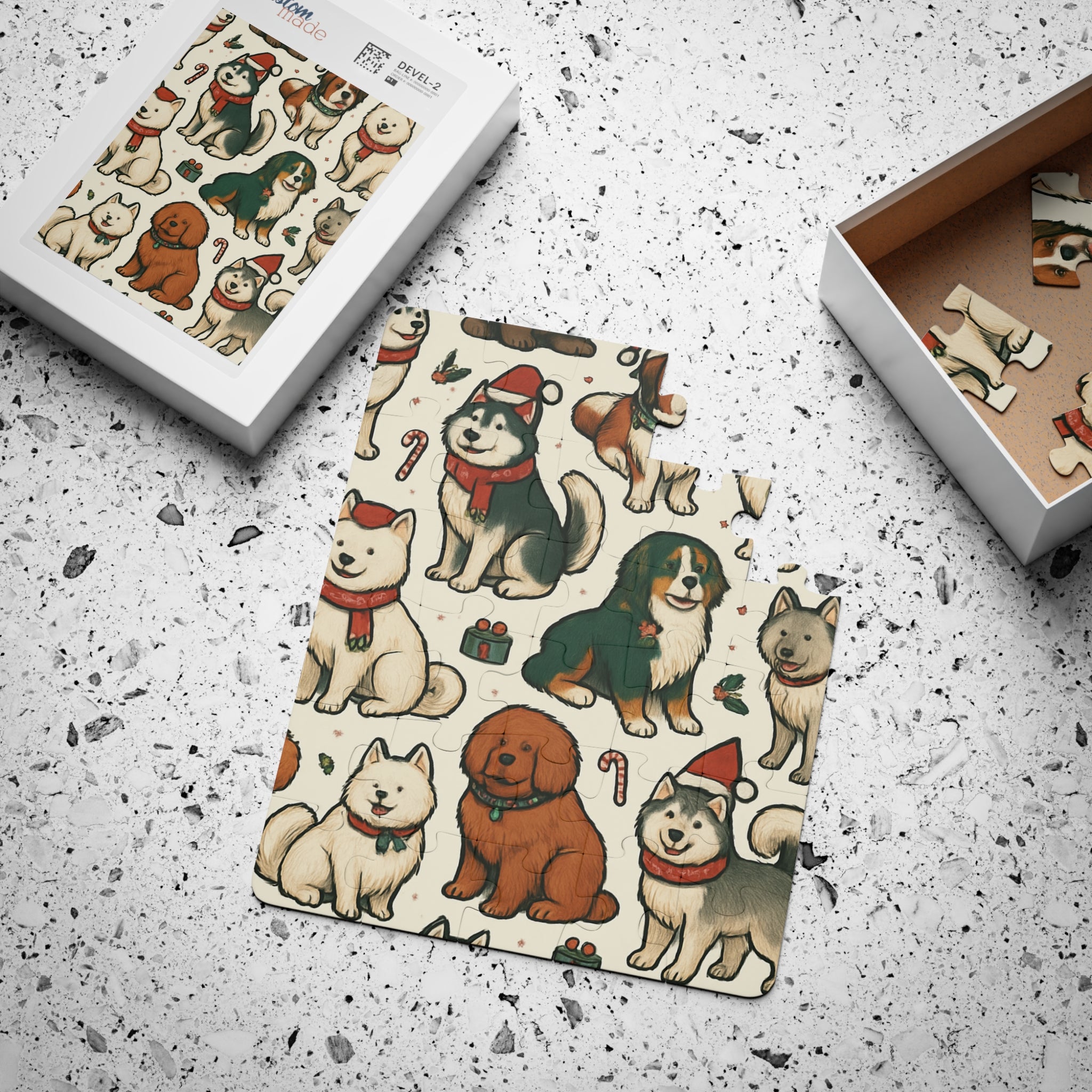 Holiday puppies 30-piece kids puzzle Christmas dog jigsaw for toddlers and preschoolers. Puzzle with dog illustrations on a speckled surface