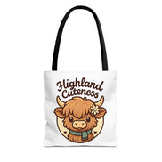 Tote bag with a cartoon highland cow and 'Highland Cuteness' text on a white background