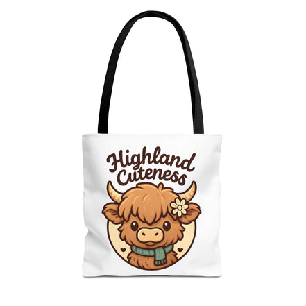 Tote bag with a cartoon highland cow and 'Highland Cuteness' text on a white background
