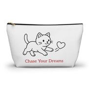 White pouch with a cat illustration and 'Chase Your Dreams' text on a white background