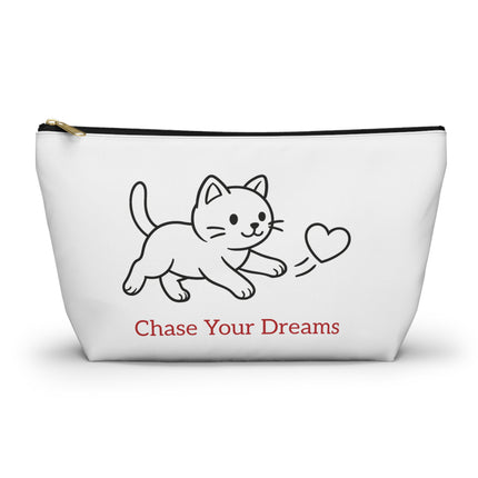 White pouch with a cat illustration and 'Chase Your Dreams' text on a white background